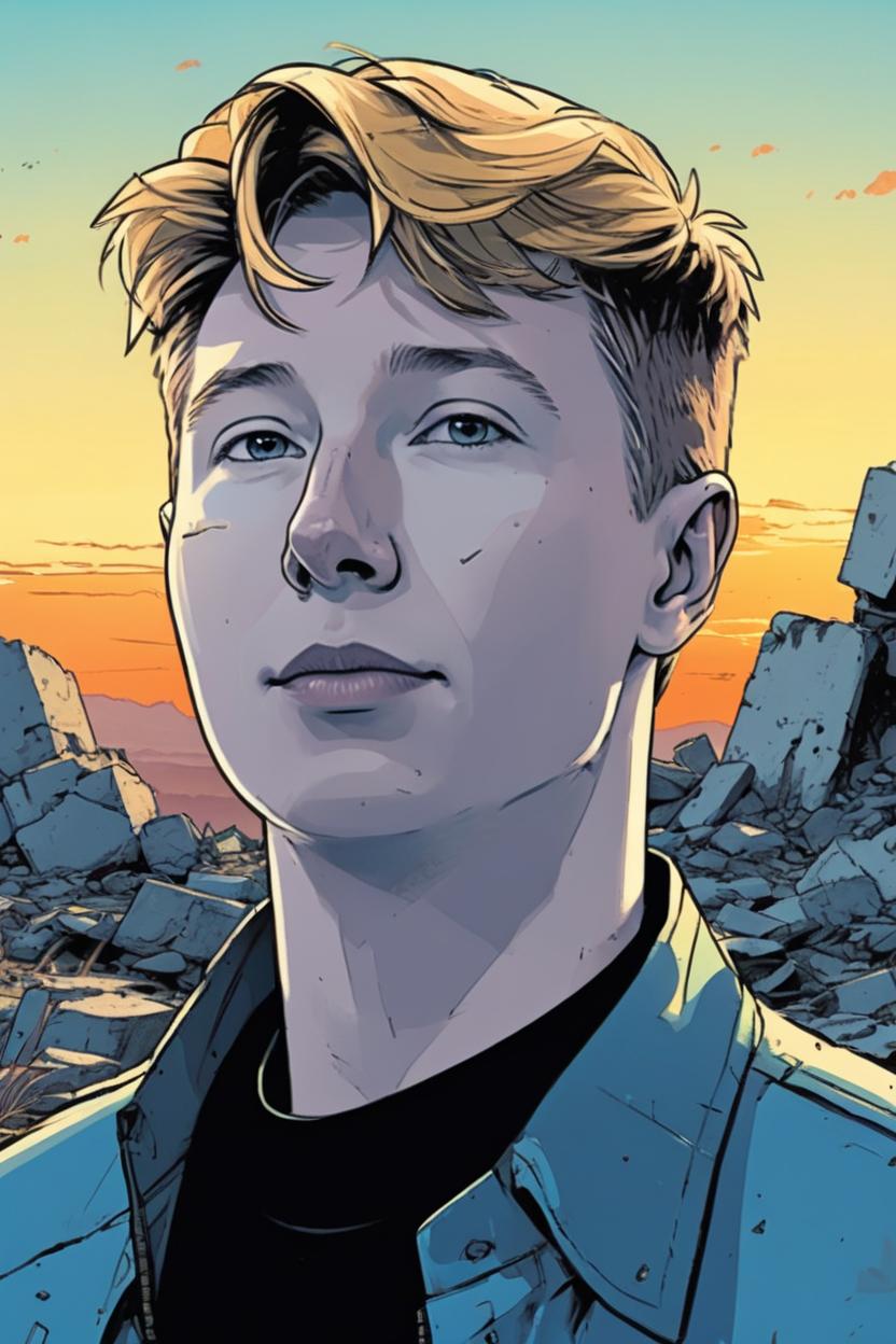 Artificial Intelligence (AI) generated image art, (moebius comic book style), man, illustration, comics, portrait, scifi, landscape, face, scifi ruins background, sunset, ((shorter neck)), (thinner nose)