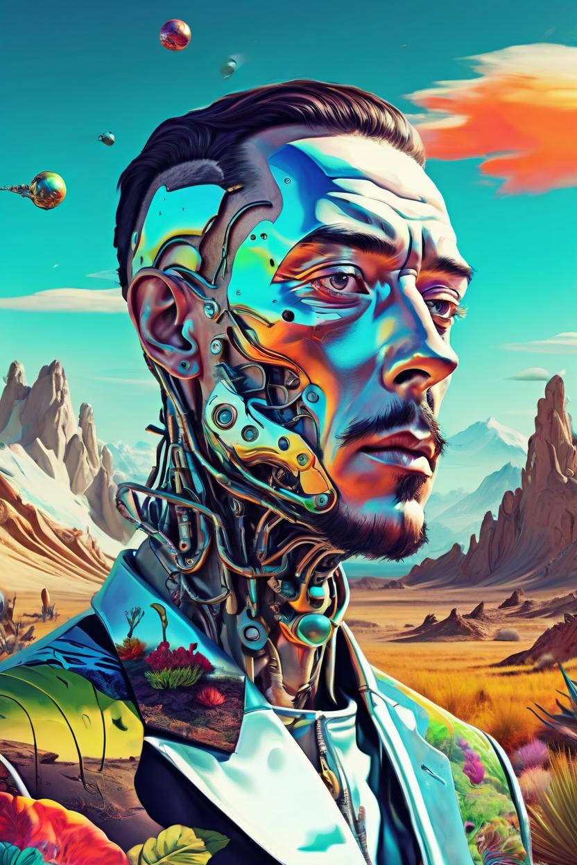 Artificial Intelligence (AI) generated image art, man Portrait. A cyborg man, half robot, half man. Strong athletic man, cool vibes, futuristic otherworldly atmosphere and alien vegetation cover the landscape, Salvador Dali art style, colorful, vibrant, trippy, hyper focus illustration digital art. High resolution, extremely detailed. Next level conceptual. 8k. ((realistic)) ((imagined)) (((fantastical)))