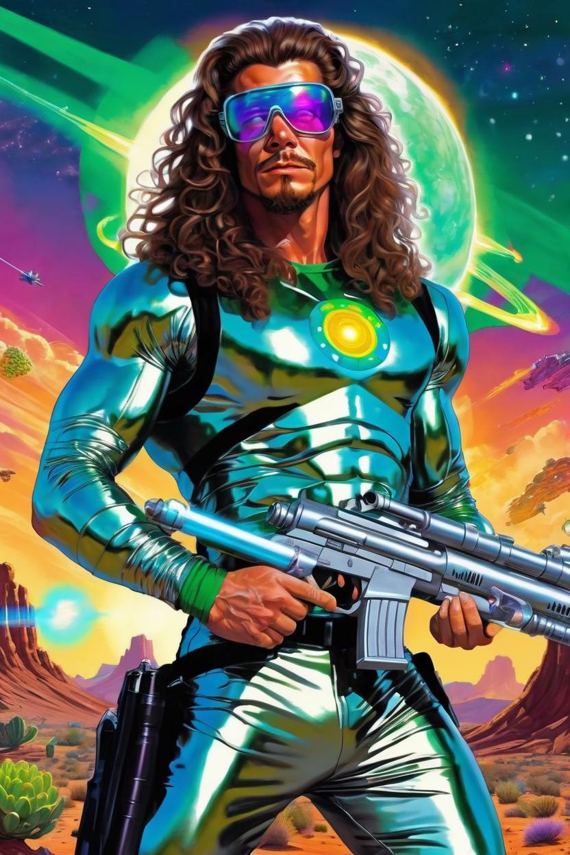 Artificial Intelligence (AI) generated image art, man, as a sci-fi assassin explorer ((1980s)) wearing metallic chrome bodysuit, muscular body, long curly brown hair tied back, wearing hi tech hollogram laser glasses, holding a ray gun with 3 green rings around the barrel of the gun, alien world, UFOs in sky shooting colorful lasers battle in the sky above him, otherworldly atmosphere, vegetative colorful vibrant eye-catching desert landscape ((landscape portrait)) highly detailed, strong, manly, apocalyptic vibe, artistic, creative