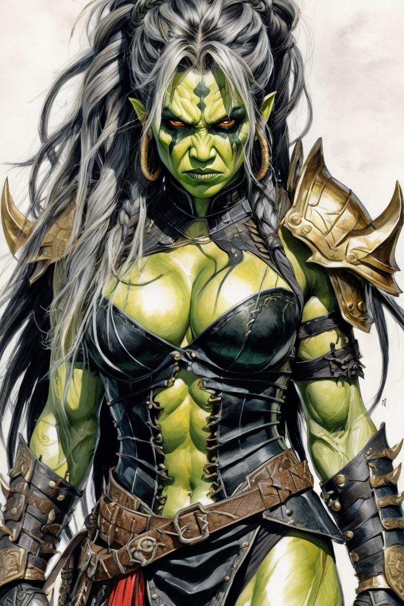 Artificial Intelligence (AI) generated image art, woman, yoji shinkawa, colored pencil drawing, ink, manga, concept art, as a fantasy paladin, wearing black and gold plate armor, as an orc with greyish green skin, with large vampire fangs, hair braided, long black hair in multiple braids, sinewy build, not muscular, show torso, brown eyes,