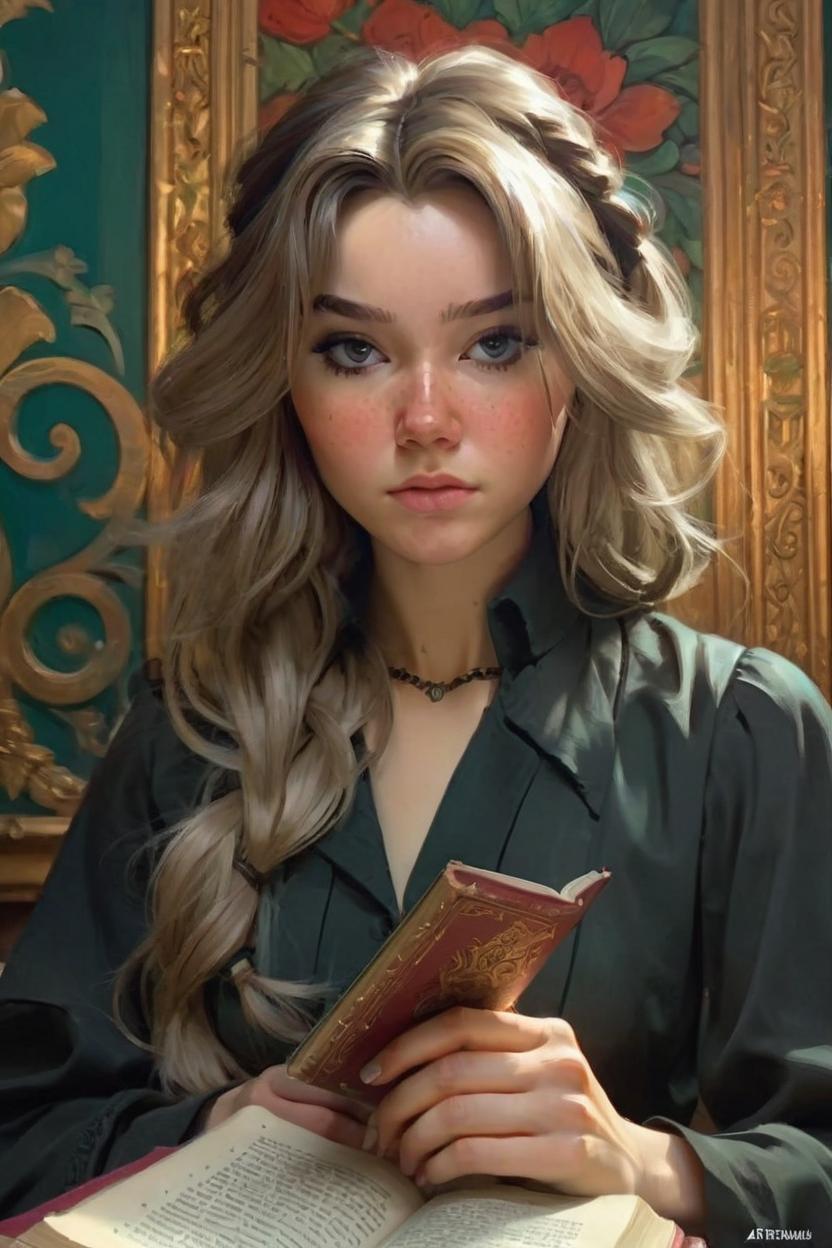 Artificial Intelligence (AI) generated image art, woman, Portrait of young woman read the book, real life skin, intricate, elegant, highly detailed, artstation, concept art, smooth, sharp focus, art by artgerm and greg rutkowski and alphonse mucha