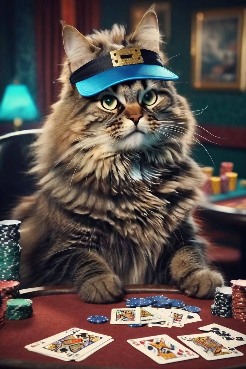 Artificial Intelligence (AI) generated image art, cat, playing poker sitting at a poker table with cards in a smoking casino, cat is confident with a sassy smirk on her face, her blue plastic head visor on her head can't conceal her yellow eyes of winning the game, the casino she's in looks cheap,shes sophisticated and fluffy, she looks at you as if you were her dinner, she's evil looking and we'll groomed, the playing cards in front of her are the winning hand and she's won the jackpot but it's not just a game. The room is dimmly lit and a haze of cigar and cigarette smoke cloud the room, they are in casino background, dnd artstyle, cats playing poker at the casino, colorful, artistic, poker table, las Vegas style, colorful, ((landscape mode)) realistic