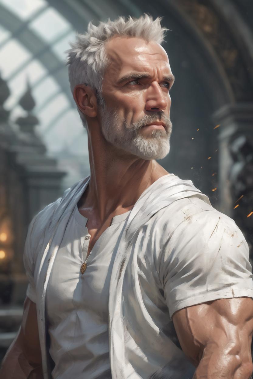 Artificial Intelligence (AI) generated image art, painted portrait of (man) as rugged zeus, god of thunder, greek god, white hair, masculine, powerful, handsome, opulent, upper body, white robe, muscular, hairy torso, fantasy, intricate, elegant, highly detailed, digital painting, artstation, concept art, smooth, sharp focus, illustration, art by gaston bussiere and magali villeneuve, (((80 kilogram))), (((fit body))), (((healthy)))