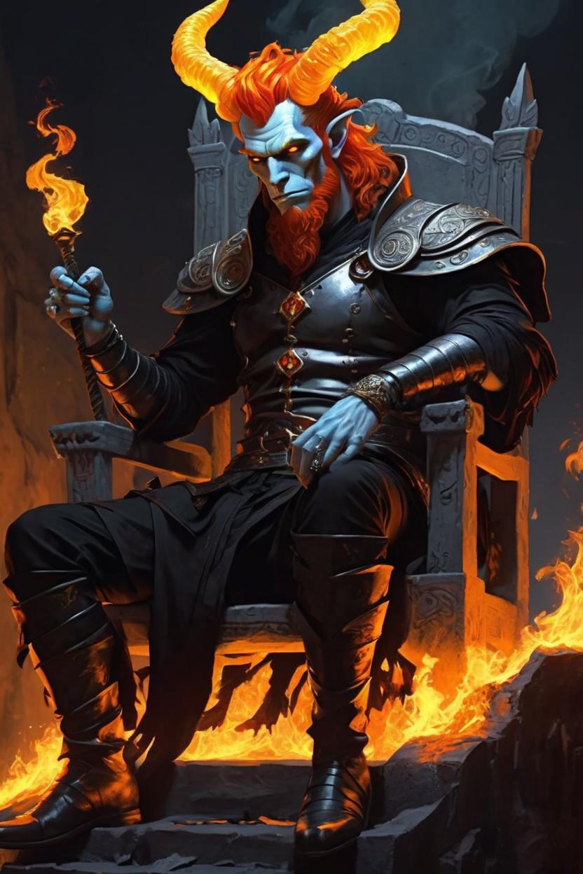 Artificial Intelligence (AI) generated image art, man as Greek god Hades ((fantasy tiefling)), his hair is actual orange,yellow and red flames, he has fire for hair, pale white skin, he is overlord of the underworld, dnd art, (art by Greg Rutkowski), highly detailed, ((in the underworld)), fire magic, he is sitting on a tall black spiky throne, all hail Hades, colorful, dark, vibrant, fantasy, lore, demonic