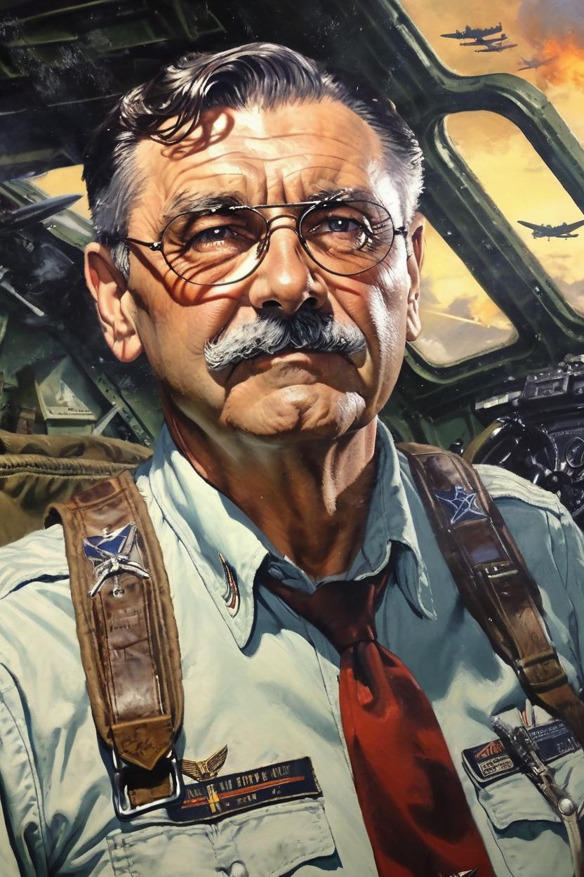 Artificial Intelligence (AI) generated image art, man, (portrait), ((((torso)))), 1940s WAC, airforce pilot, adventure, pulp novel, WWII propaganda, art by Greg Rutkowsi, highly detailed, sharp focus, 4k, b-17 flying fortress background, more hair