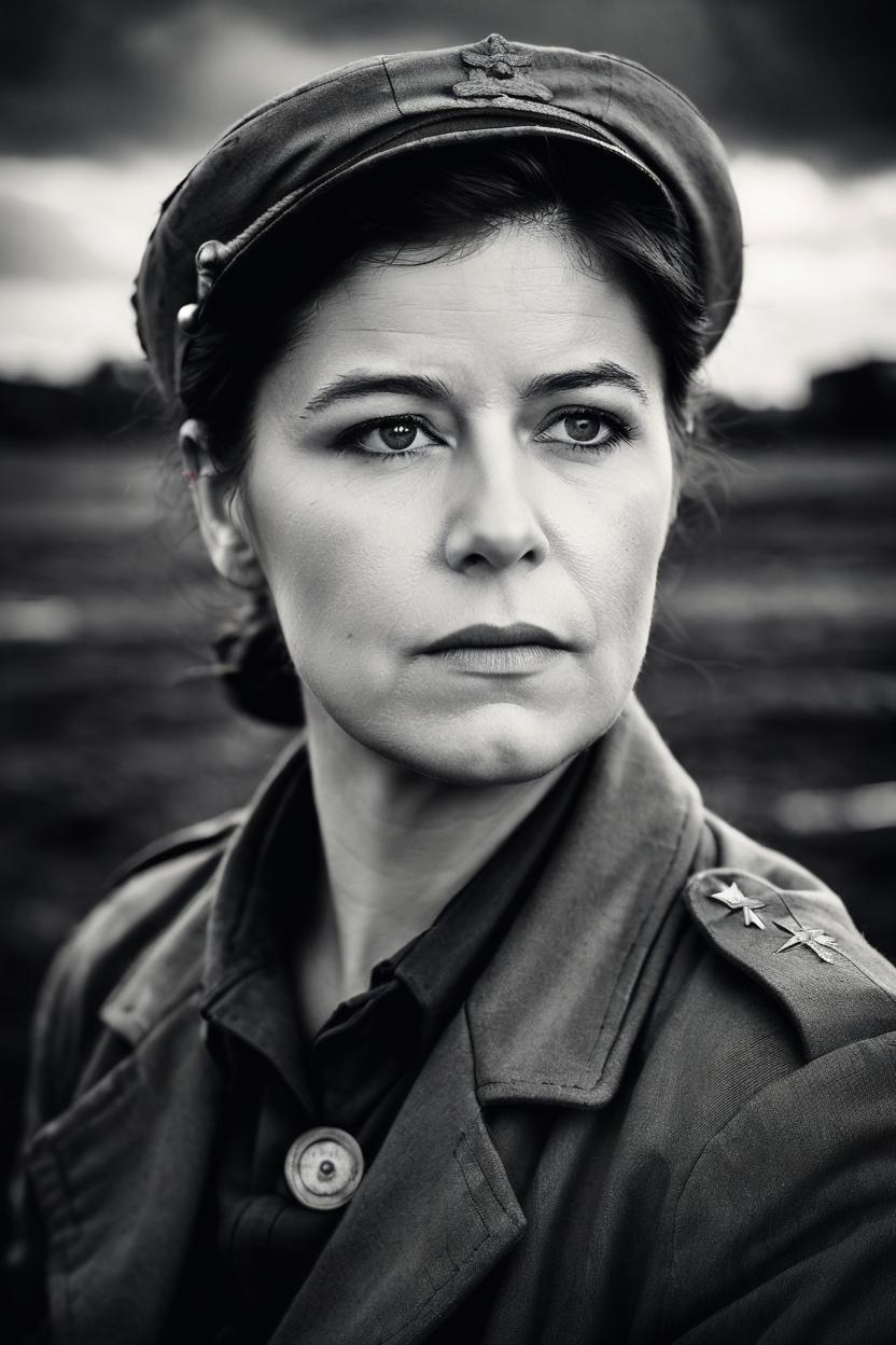 Artificial Intelligence (AI) generated image art, photo of beautiful woman, b&w, 1918 photograph, vintage, portrait, photorealistic, period world war one british nurse, tired, exhausted, world war one battle, front line hospital, slightly dirty, dark clouds in background, art by artgerm, contrast