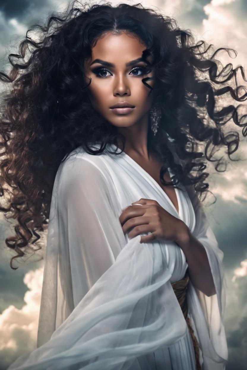 Artificial Intelligence (AI) generated image art, woman, The award-winning international photograph captures the image of a beautiful ghostly woman with tan skin, brown eyes, and very big black, very curly hair. Wearing flowing white robes. Her big brown eyes long eyelashes reflect a tender and deep gaze as she ascends into heaven. The photograph, taken with a Canon 50mm lens, shows a dramatic clouded sky blurred in the background, further highlighting the beauty of the model. Every detail of the image is optimized to the fullest, making this photograph a masterpiece that conveys a sense of delicacy and strength at the same time. Highly detailed amazing