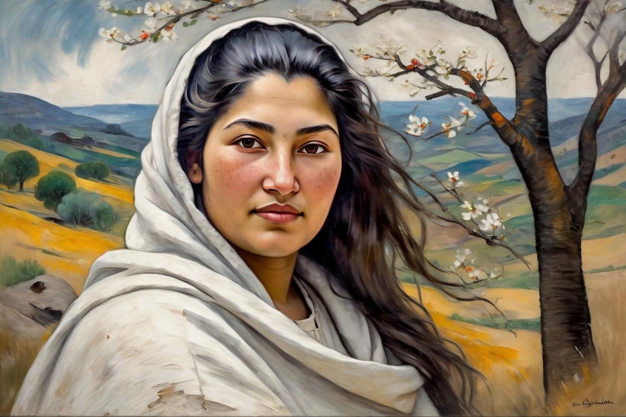 Artificial Intelligence (AI) generated image art, woman, halfbody ((leave small empty area above top of the head)) in an (((oil painting in the style of Paul Gauguin))), 2D, face simplified, contours, no details, broad brush strokes, dressed in a white blanket, brown skin, bare head and shoulders, long straight hair, natural surroundings with tree an flowers..
