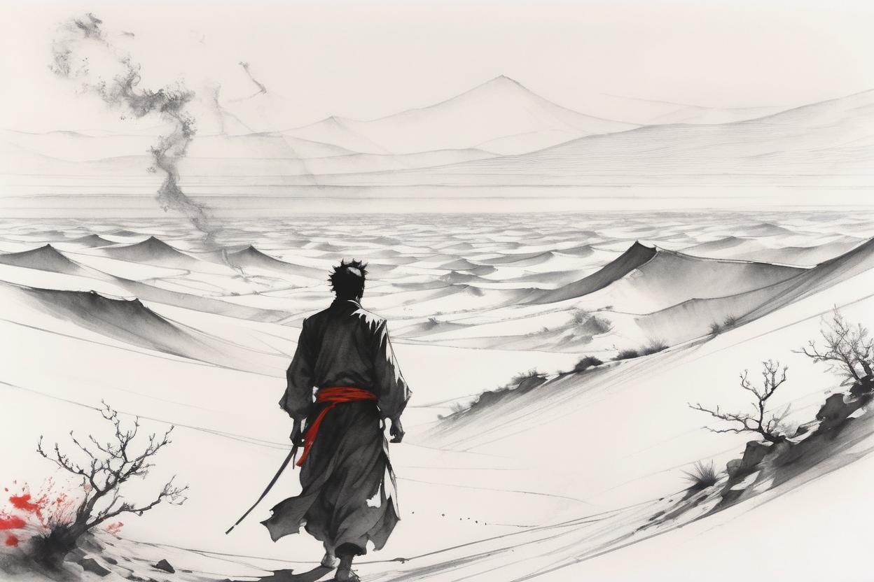 Artificial Intelligence (AI) generated image art, man, mystical Cheikh, In a windy desert, yoji shinkawa, b&w, pencil drawing, ink, manga, concept art, black and red ink