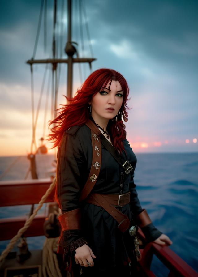 Artificial Intelligence (AI) generated image art, Female jack sparrow, femalejacksparrow, feminine, on pirate ship, dusk, at sea, cinematic lighting, beautiful, 4k, smooth, sharp focus, has partially dreaded hair. Brown hair