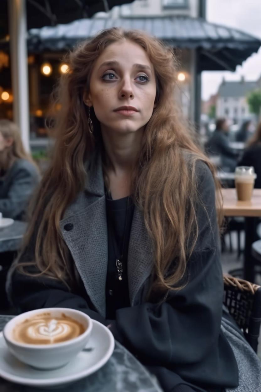 Artificial Intelligence (AI) generated image art, woman, young, long hair, wide angle, sitting at cafe outside, wearing grey and black layered clothing, the sky is overcast, 4k, maximalism, realistic, cinematic lighting, intricate detail