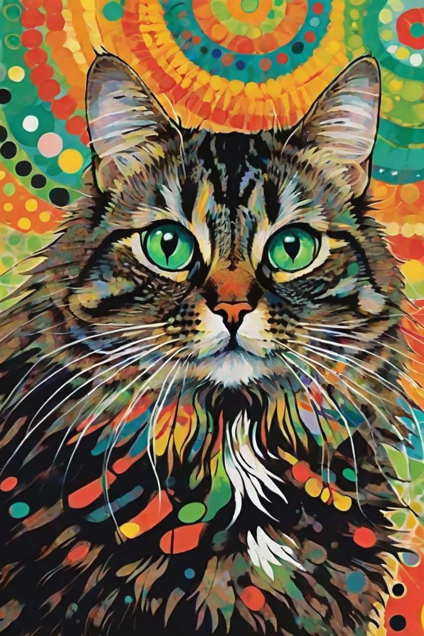 Artificial Intelligence (AI) generated image art, cat, illustration by Yayoi Kusama, far away angle landscape mode,piepie is brown with black faded stripes and has green eyes. In the background there are radiant and vibrant colors, hollowgraphic aesthetic, portrait, abstract background, long hair cat, cat eyes, artwork, colorful eye-catching circles dot background, abstract colorful strange background,
