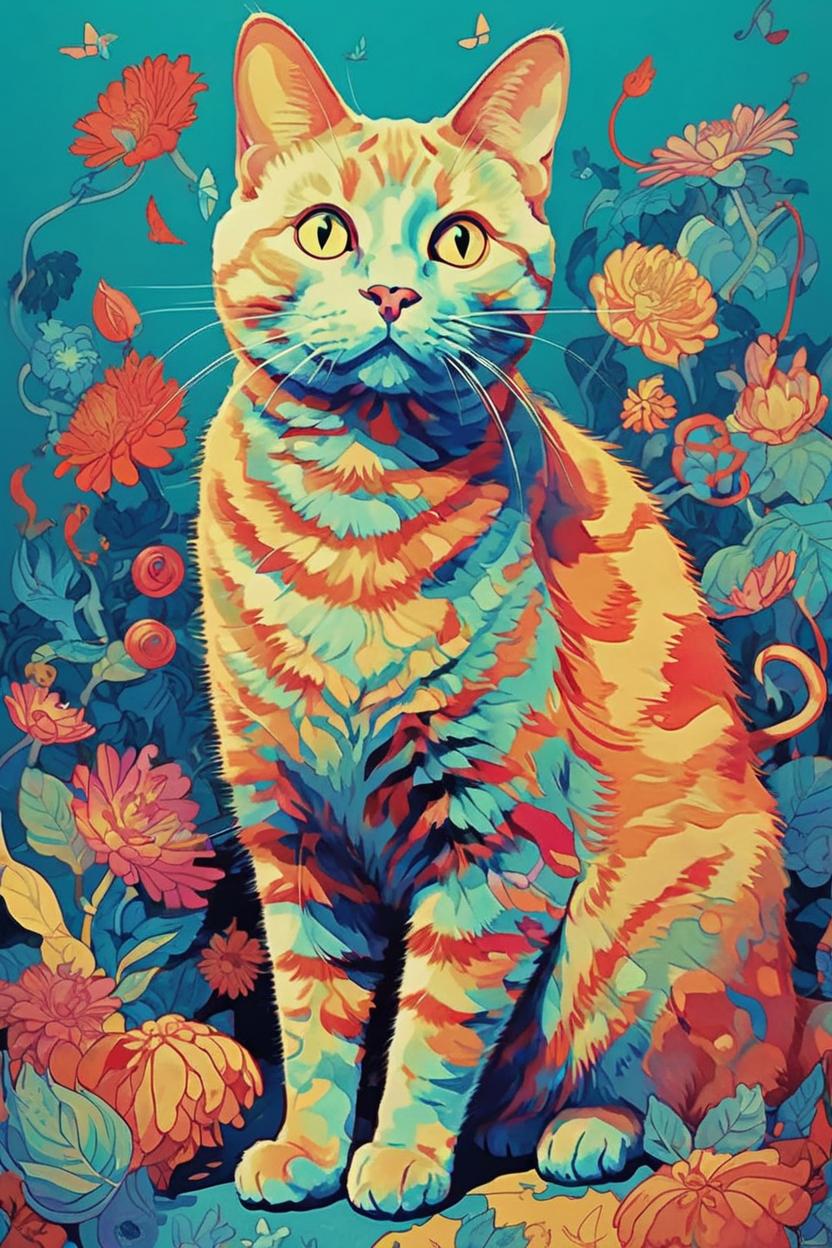 Artificial Intelligence (AI) generated image art, cat, the cat as a james jean illustration, colorful, vibrant, Bright