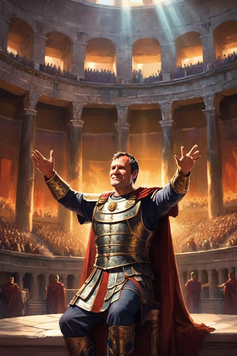 Artificial Intelligence (AI) generated image art, man, as roman emperor, art by greg rutkowski, in the emperor throne in colosseum, waving to the crowd, stunning artwork, beautiful light