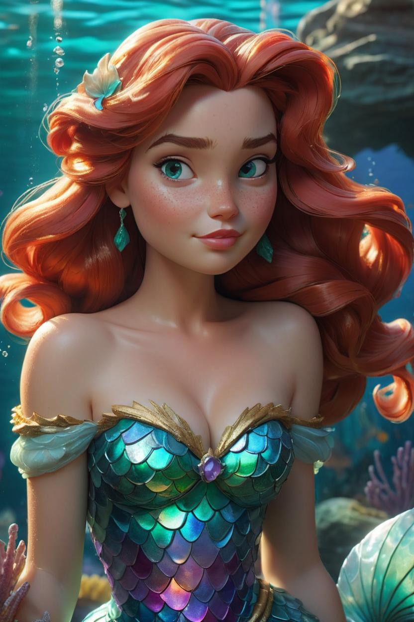 Artificial Intelligence (AI) generated image art, woman as The Little mermaid Ariel Disney, gorgeous, perfect hands, full body, perfect face, tan skin, Antonio Manzanedo art, hyper detailed, trending on artstation, intricate details, highly detailed, Broken Glass effect, no background, stunning, something that even doesn\\\\\\\\\\\\\\\'t exist, mythical being, energy, molecular, textures, iridescent and luminescent scales, breathtaking beauty, pure perfection, divine presence, unforgettable, impressive, breathtaking beauty, Volumetric light, auras, rays, vivid colors reflects
