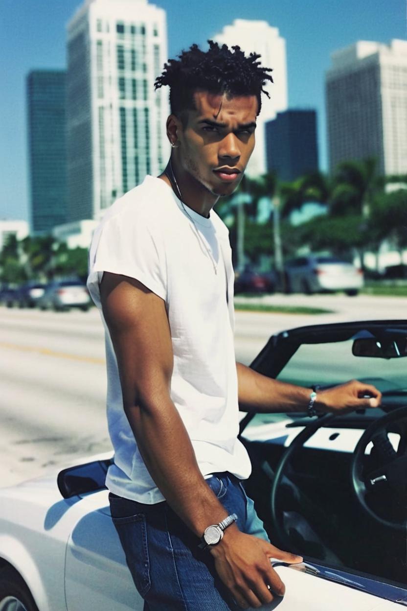 Artificial Intelligence (AI) generated image art, man,Silhouetted 27 years old, tall, mixed race, light skin male model, twisted hair, jeans, white t-shirt, driving towards the Hood, black color convertible, open top, downtown Miami, disappearing into the distance. Barren, desolate, a sense of isolation. Colors Cool tones, blues, greens, and purples, a melancholic atmosphere.
