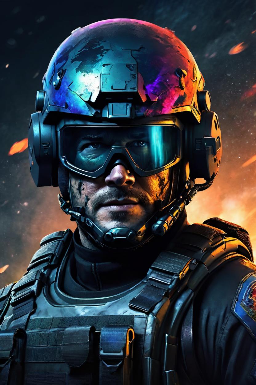 Artificial Intelligence (AI) generated image art, man, as futuristic special operations soldier, tactical helmet, epic art by greg rutkowski, in space, grimdark, intense colors, grimdark, intense expression, stalking prey