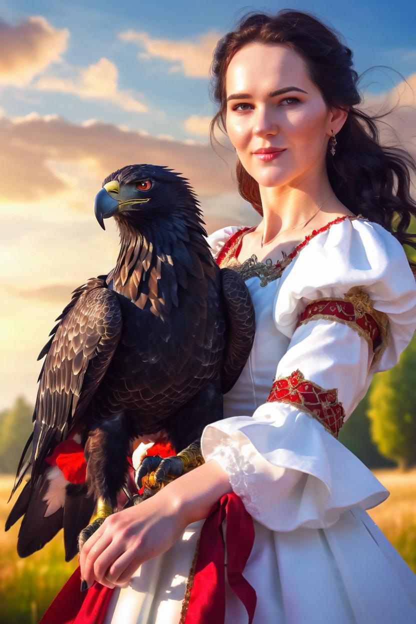 Artificial Intelligence (AI) generated image art, woman, ((portrait)), fantasy princess, fantasy paladin, wearing read and white traditional dress and holding a huge black Eagle on her arm. digital art by greg rutkowski, in sunny farmland