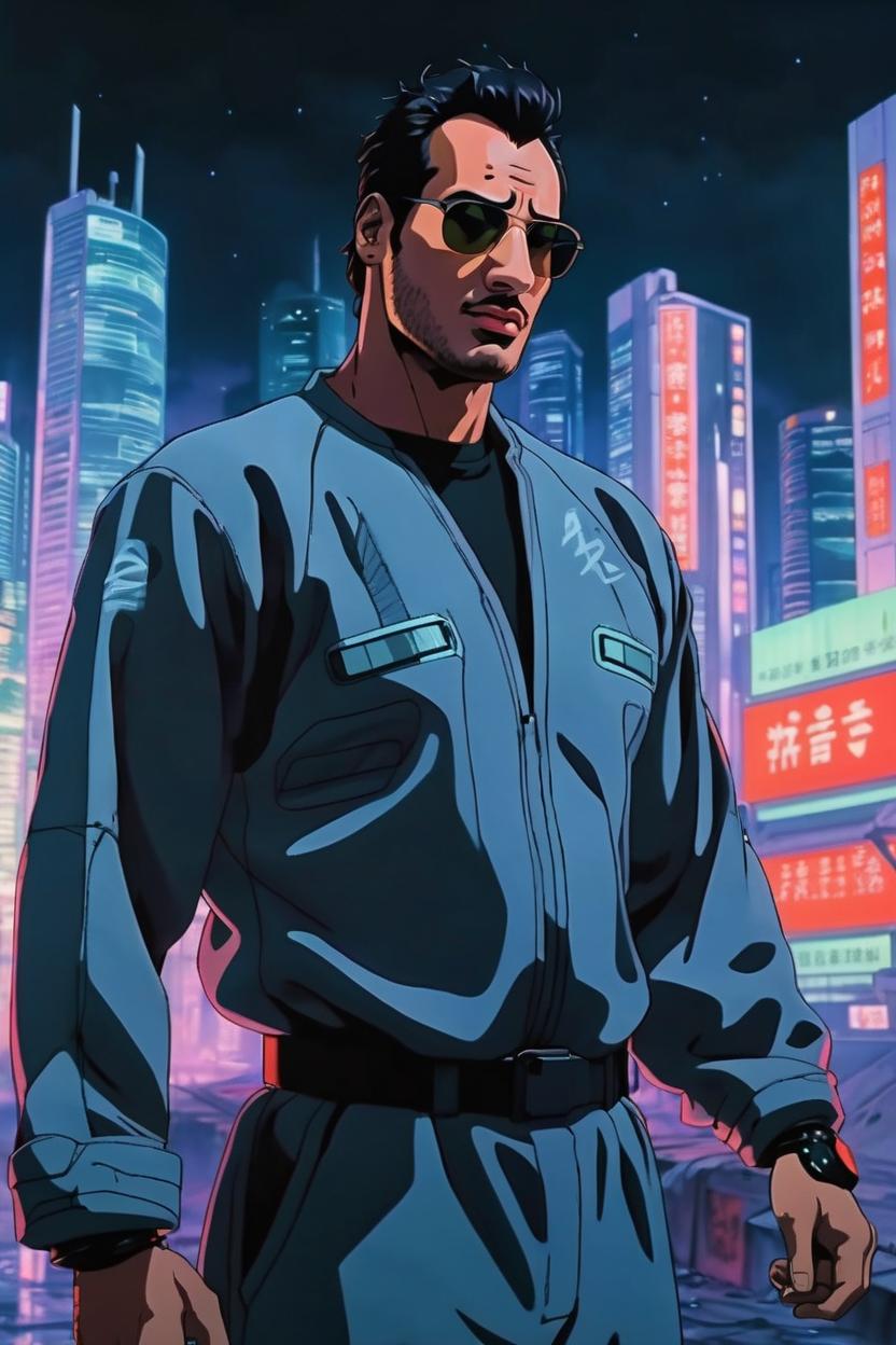 Artificial Intelligence (AI) generated image art, man, (ghost in the shell 1995 anime film), portrait, scifi city landscape, night, 90s anime style