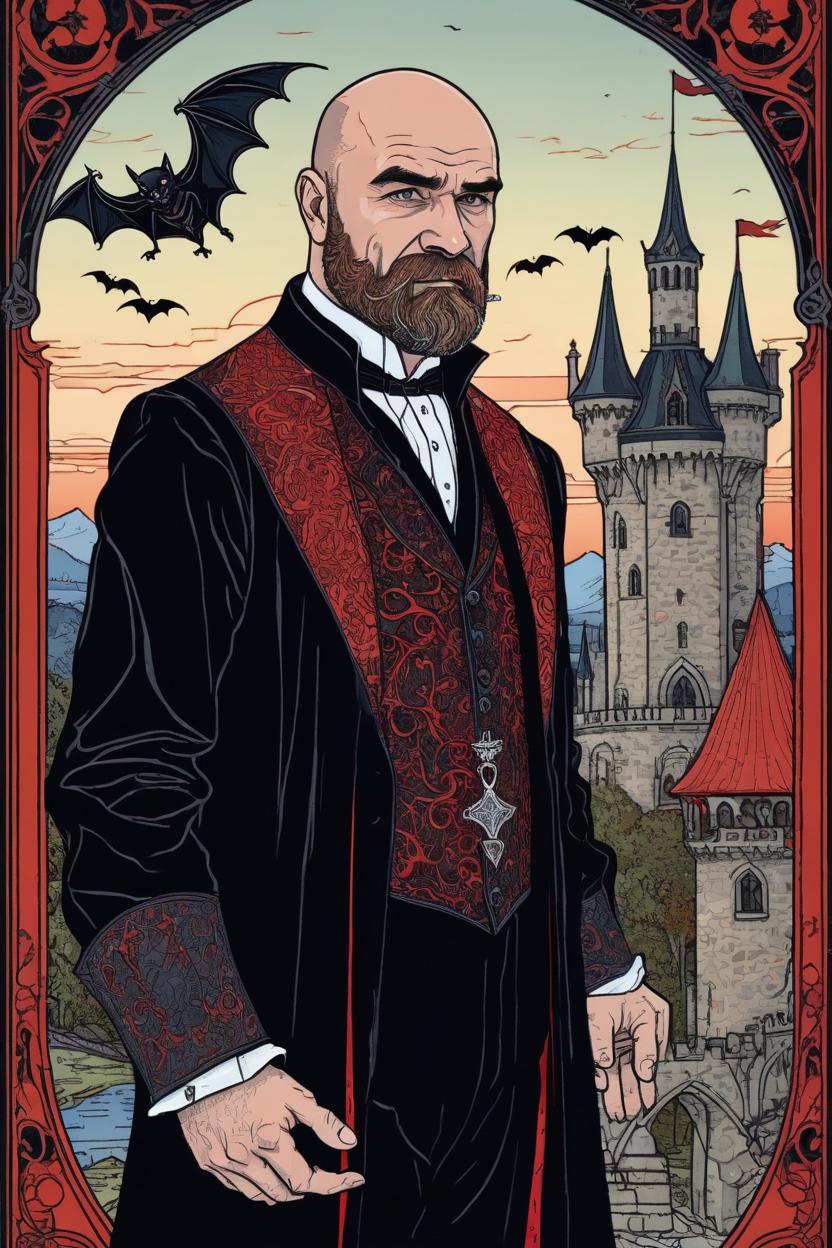 Artificial Intelligence (AI) generated image art, (man), portrait, artwork by Ivan Bilibin, Art Nouveau, tarot card, prince, gothic castle in background, as a vampire, bats, dressed in black and red, epic