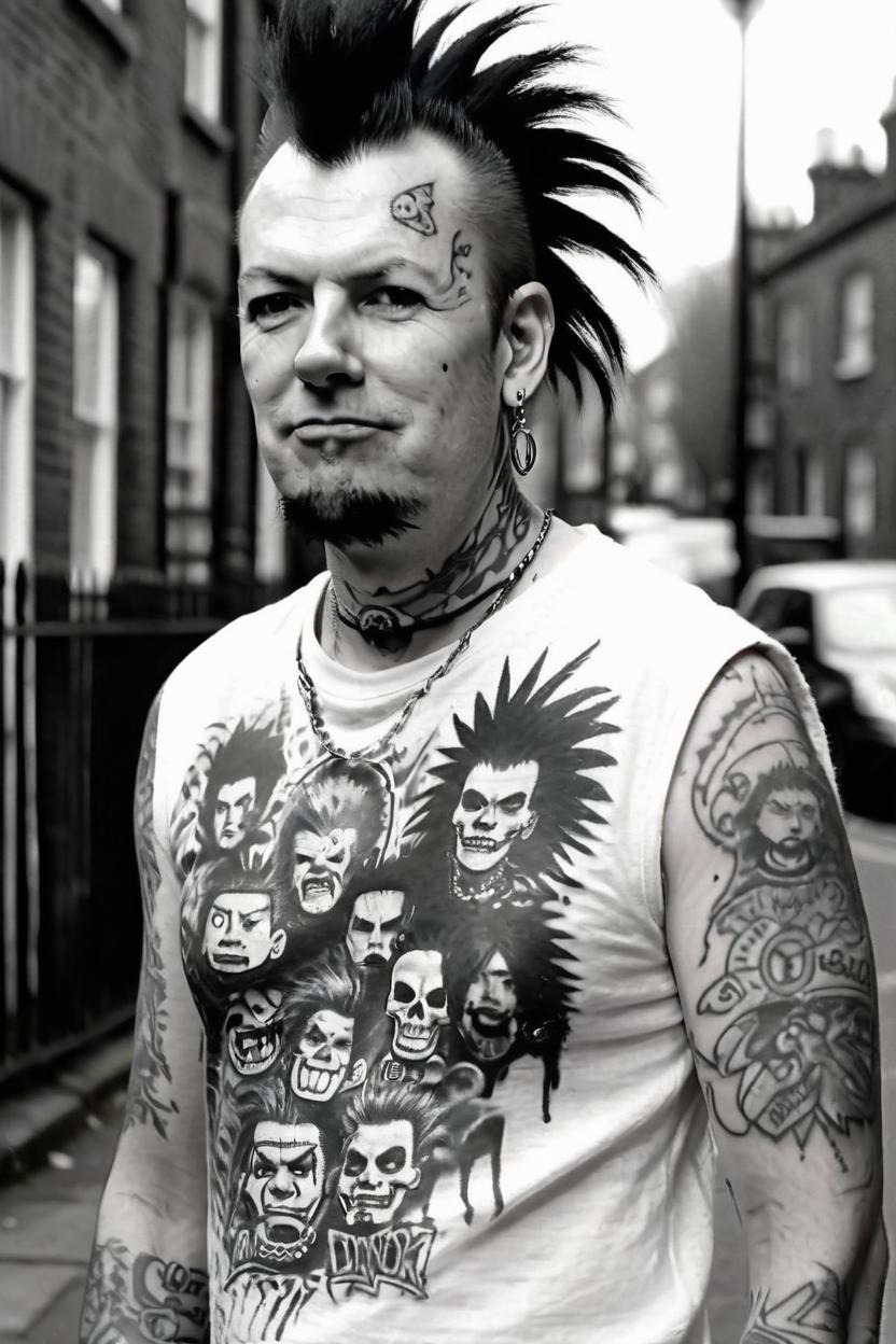 Artificial Intelligence (AI) generated image art, man, as 70's punk rocker, with mohawk, tattoos with no color, streets of london background, grainy film, black & white, photo, full body, ultra-realistic, sharp detail