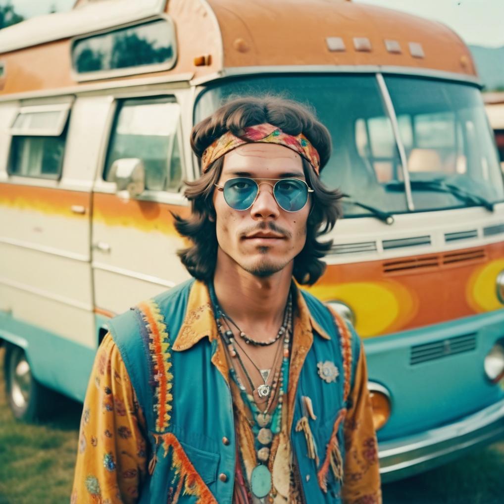 Artificial Intelligence (AI) generated image art, candid (portrait) of man as a hippie from 1970, wearing hippie boho clothes, vintage camper on the background, Retro aesthetic, Shot on 28 mm kodak camera, Film vintage colors, 8k, realistic face features, symmetrical eyes, handsome