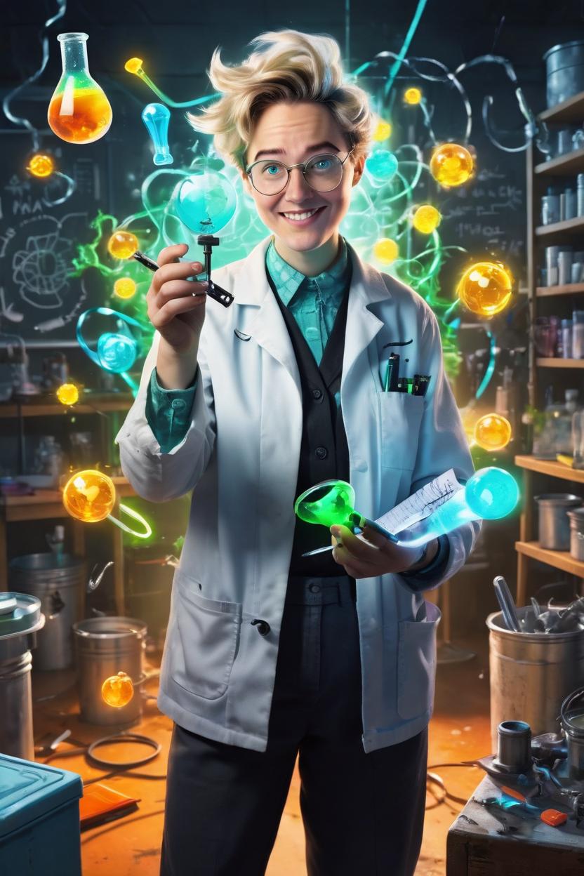 Artificial Intelligence (AI) generated image art, woman, as a Mad Scientist with Bins and Notes Picture woman as a mad scientist in a quirky lab surrounded by floating glowing bins shoes with keys popping out, and swirling notes from your app. You’re grinning with a hint of wildness as you hold up a bubbling test tube. The scene is playful yet slightly chaotic representing the idea that even imperfect tools can create something brilliant Flavor of Unhinged The chaotic lab with floating, glowing objects and a mad scientist vibe brings in the unhinged flavor.