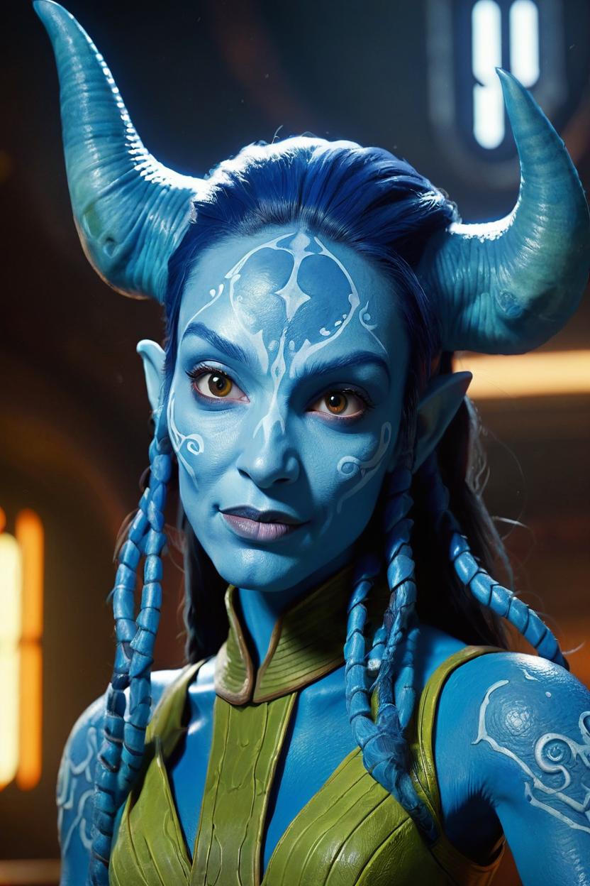 Artificial Intelligence (AI) generated image art, woman as (((Aayla Secura))), female (((twilek))) with head tentacle lekku, star wars, portrait, blue skin, two ((lekku)), clone wars art by Genndy Tartakovksy, illustration, star wars movie poster, as Aayla Secura twilek with two lekku tentacle, set in Mos Eisley cantina, by Greg Rutkowski, no hair, cinematic dimly lit background lighting, 8k, sharp focus