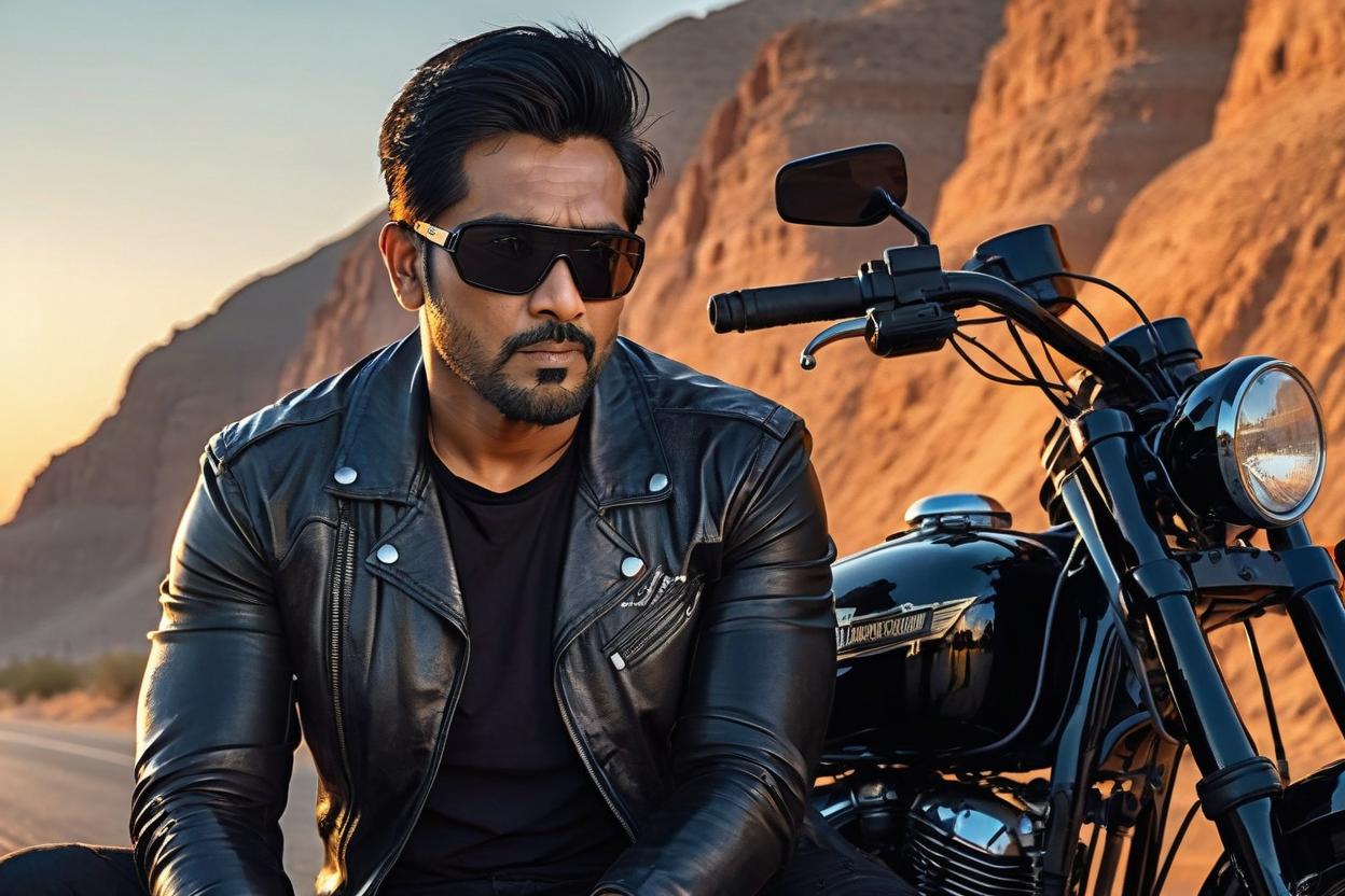 Artificial Intelligence (AI) generated image art, man, A cinematic, hyper-detailed image of a strong, well-defined male model sitting on a black Harley Davidson Night Rod against a breathtaking sunset. His sculpted physique is emphasized by a tight black T-shirt and distressed dark jeans. A black helmet with a reflective visor rests on his lap, and his tattooed forearm grips the bike’s throttle. The warm hues of the setting sun create dynamic highlights and deep shadows across his face and the sleek curves of the bike. The desert road stretches endlessly behind him, with dust slightly rising in the air, giving the scene an adventurous and rebellious energy.