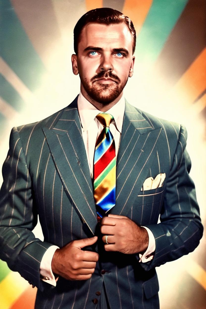 Artificial Intelligence (AI) generated image art, man, film portrait, young man with brown hair, ((technicolor)), ((film photography)), ((old hollywood)), ((1940s)), ((movie star)), ((suit and tie))