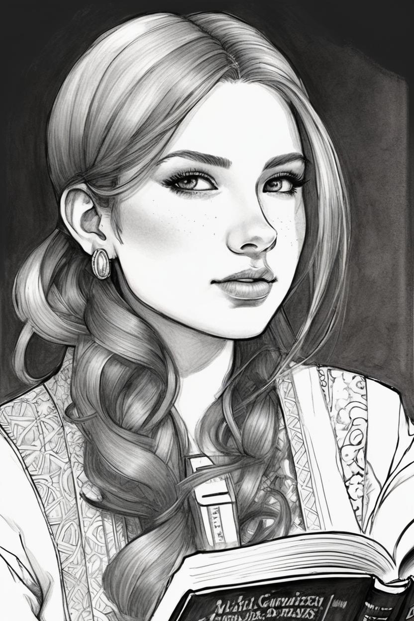 Artificial Intelligence (AI) generated image art, (beautiful), feminine woman, b&w, pencil drawing, ink, manga, concept art, holding book