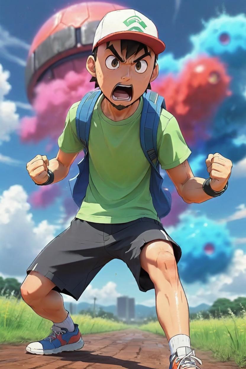 Artificial Intelligence (AI) generated image art, (man) ,as a pokemon trainer, In the style of Anime, (art by Akira Egawa), full body, looks like man, powering up to next trainer level, yelling, coloured aura, highly detail, sweaty and excited from the battle, in a battle field, 4k, Anime