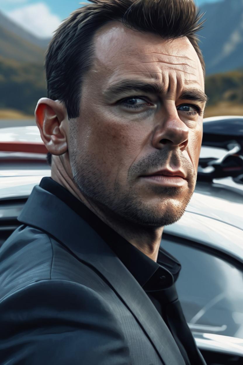 Artificial Intelligence (AI) generated image art, man, (portrait), James Bond, sports car behind him, digital art, art by Greg Rutkowski, highly detailed, sharp focus, 4k, high depth of field