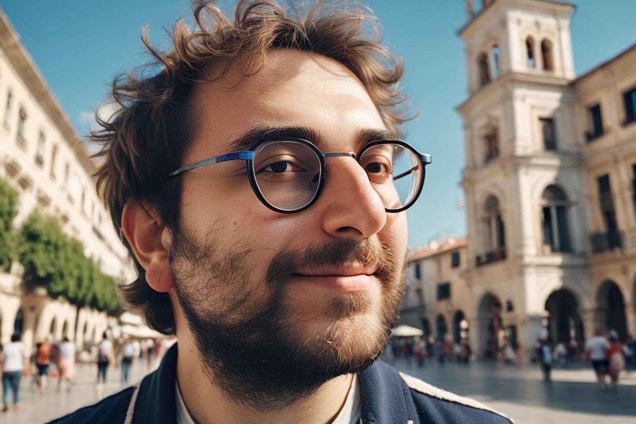 Artificial Intelligence (AI) generated image art, Detailed portrait of man, glasses, captured in photorealistic detail, showcasing skin, hair, and clothing textures, shot on 28 mm kodak camera, day, old european city plaza, bathed in light (natural eyes), tinder photo, cool pose, confident and seductive, looking at the horizon