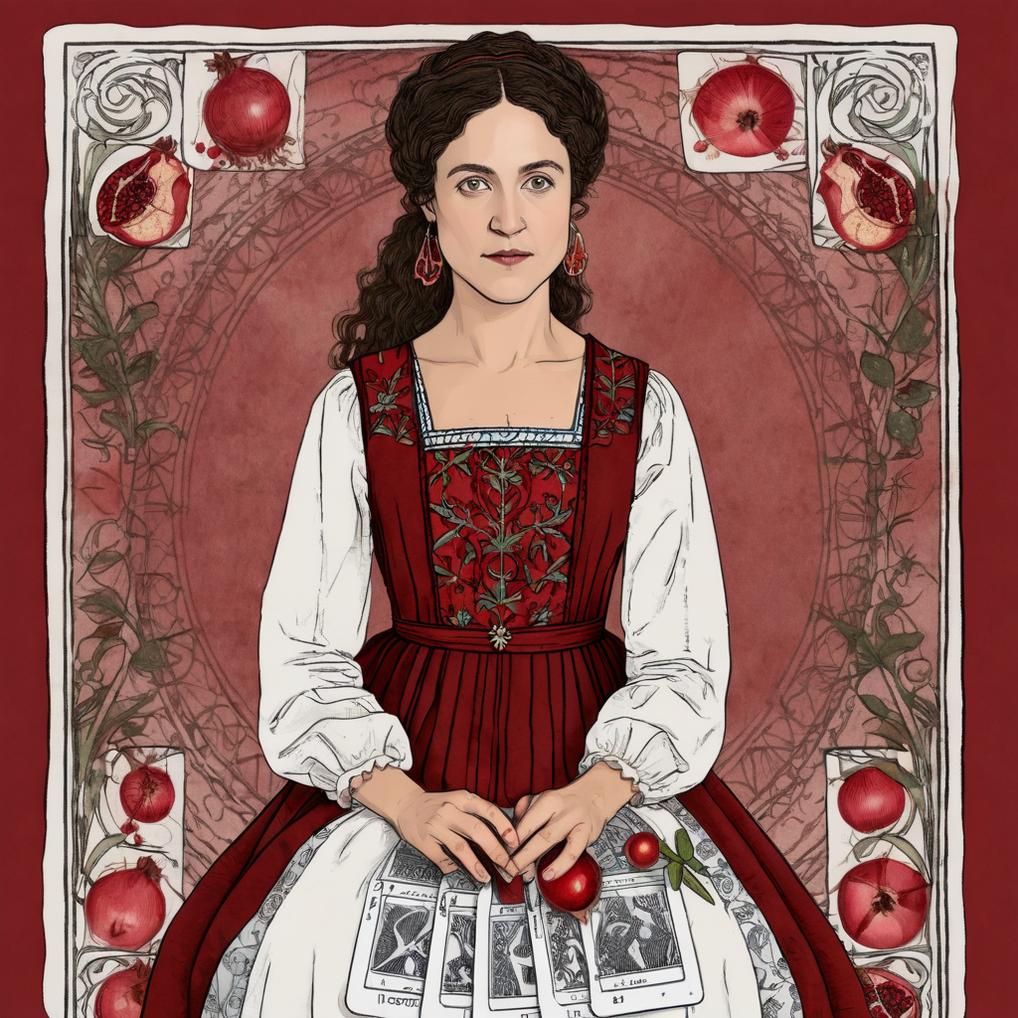 Artificial Intelligence (AI) generated image art, woman, as a tarot card, drawing by Pamela Coleman Smith, the empress, wearing pomegranate dress