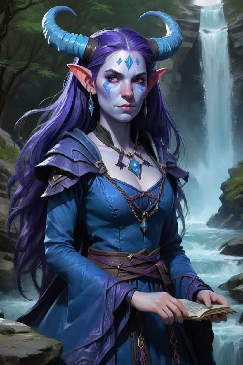 Artificial Intelligence (AI) generated image art, woman as sorceress with blue magic, ((fantasy tiefling)), confident, elaborate dress, purple hair, (two dark blue horns), (blue skin), dnd art, (art by Greg Rutkowski), highly detailed, ((near waterfall)),