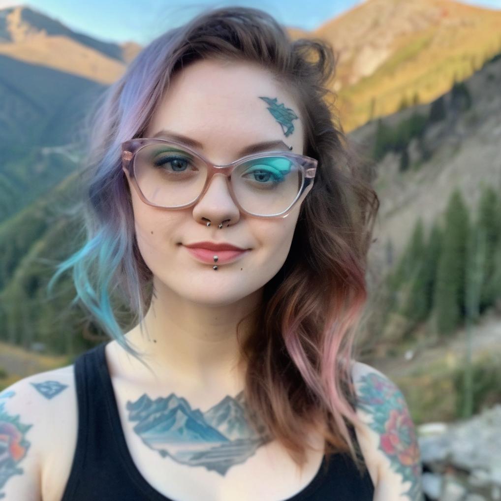 Artificial Intelligence (AI) generated image art, woman, side portrait with watercolour tattoo on shoulder, mountains background, beautiful photographwoman, pretty girl, thin nose, eyes, highlighted hair, glasses, piercings, 4k, ultra detailed, realistic, photo, intricate detail, feminine, instagram model, tattooed woman,