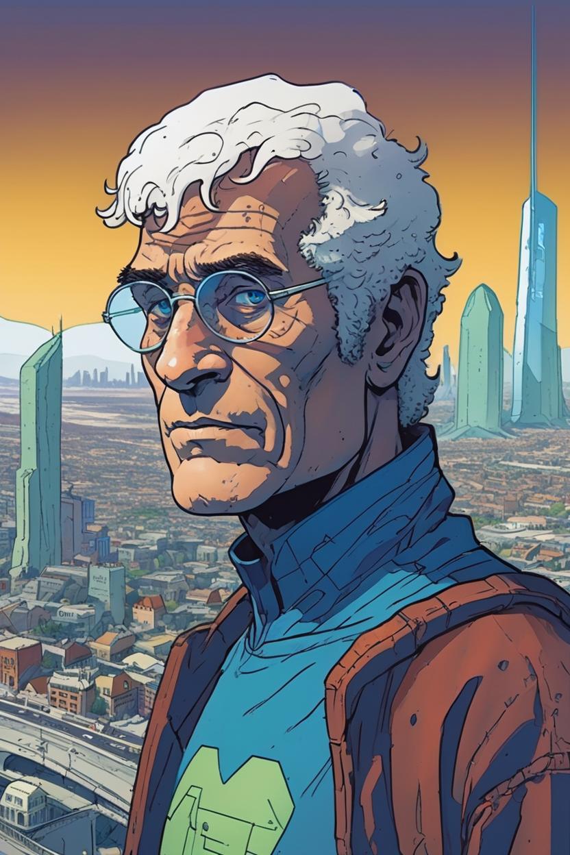 Artificial Intelligence (AI) generated image art, man, moebius comic book style, portrait, scifi city landscape