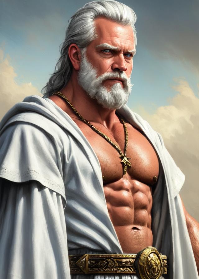 Artificial Intelligence (AI) generated image art, painted portrait of person as rugged zeus, god of thunder, greek god, white hair, masculine, powerful, handsome, opulent, upper body, white robe, muscular, hairy torso, fantasy, intricate, elegant, highly detailed, digital painting, artstation, concept art, smooth, sharp focus, illustration, art by gaston bussiere and magali villeneuve