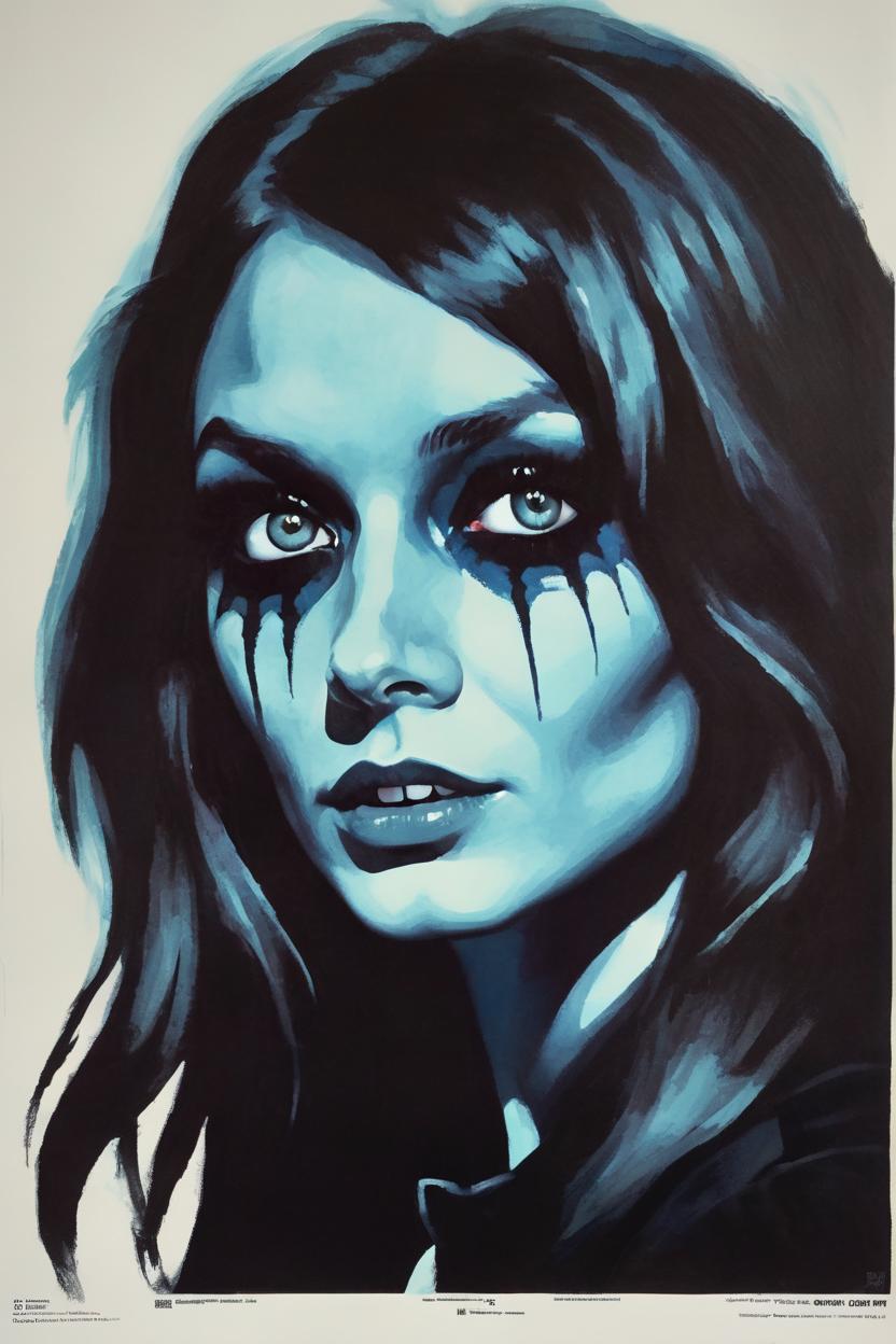 Artificial Intelligence (AI) generated image art, a poster of ((woman)) in the exorcist ( 1973 ), poster art by john carpenter, featured on deviantart, toyism, movie poster, concert poster, poster art, ((woman)) is 31 years old, black winged eyeliner on her eyelids, crazy look in her eyes, scary, (realistic likeness) to ((woman)), (hyper focused realism) (accurate portrait) of ((woman)) gothic style, horror movie art style