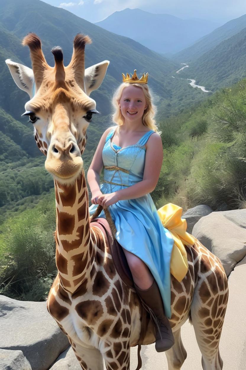 Artificial Intelligence (AI) generated image art, woman, as a disney princess riding a giraffe in the mountains, realistic photo