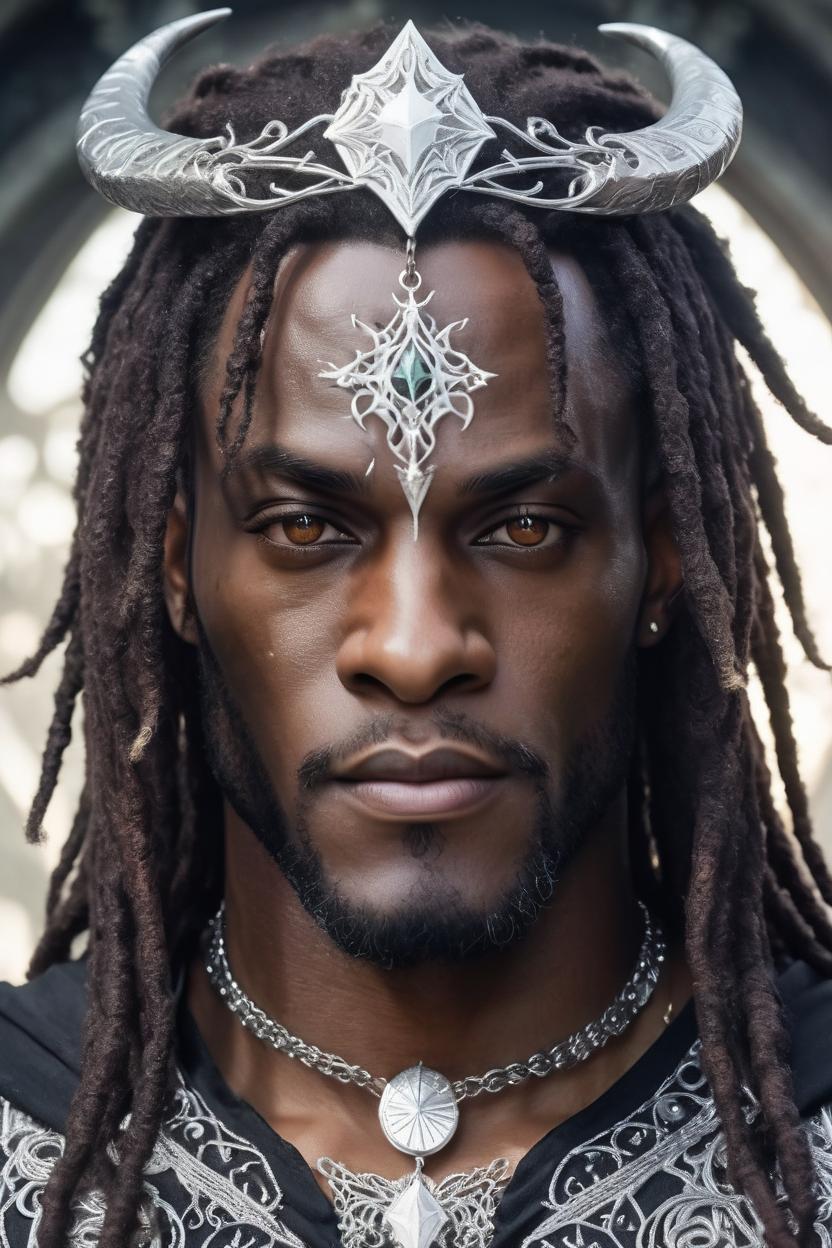 Artificial Intelligence (AI) generated image art, man, "Create a portrait of a dark elf with a regal and powerful presence. The elf has deep brown skin, long white hair, glowing white eyes, and wears a sharp, ornate metallic silver crown with intricate elven designs. Emerging from the crown is a single, elegant silver horn, adding to his mystical and commanding appearance. He is dressed in a sleeveless silver and black tunic with detailed elven embroidery and adorned with layered necklaces featuring star-shaped pendants. His expression is calm yet confident, enhancing his royal and otherworldly aura. The background should be dark, with a subtle ethereal glow that highlights his silver and black attire, the glowing white eyes, and the majestic horn.