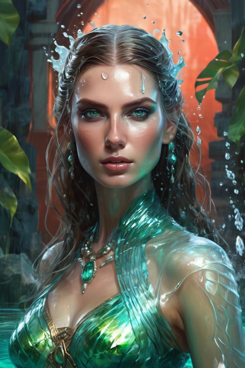 Artificial Intelligence (AI) generated image art, a beautiful portrait of (woman) as a water goddess with transparent skin by Greg Rutkowski and Raymond Swanland, Trending on Artstation, coral background, ultra realistic digital art, green eyes