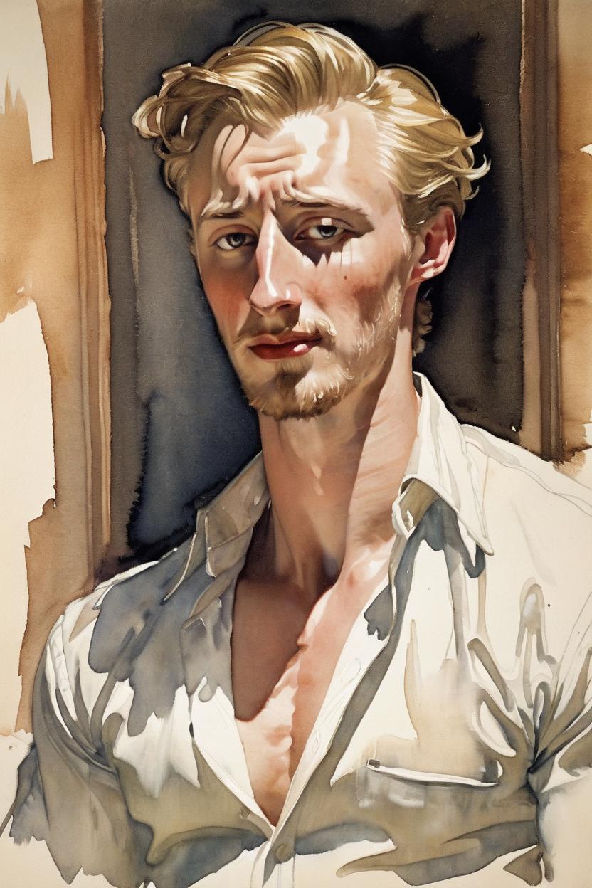 Artificial Intelligence (AI) generated image art, Watercolor painting of man by J.C. Leyendecker, upper body, wearing an unbottoned shirt, fashionable, brunette, 1950s