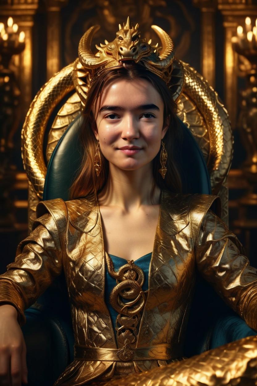 Artificial Intelligence (AI) generated image art, woman, on a royal portrait, as a very beautiful queen from 18th century, sitting on a throne made of gold, with a serpent-dragon like elements and design, intricate details, dramatic lighting, hyperrealism, photorealistic, cinematic, 8k sharp focus