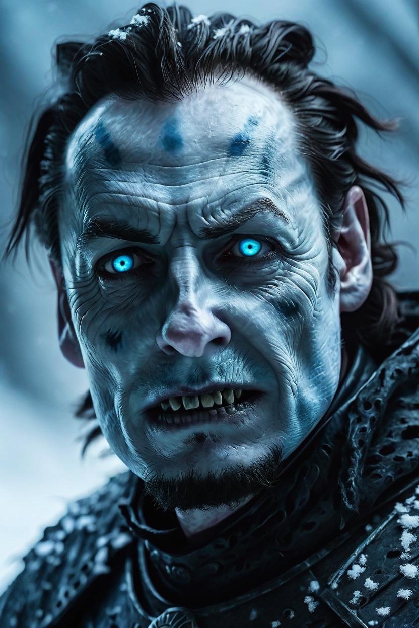 Artificial Intelligence (AI) generated image art, man, as the night king from game of thrones, white walker, evil looking, dark cinematic lighting, snow scene, very detailed