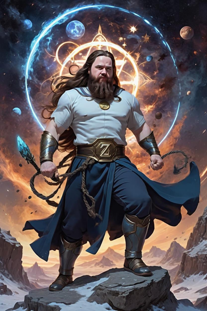 Artificial Intelligence (AI) generated image art, man as astrological god, fighting in galactical wars, artistic illustration, majestic figure, sci-fi movies, anime style, beautiful, graceful, elegant, warrior, wise, balanced