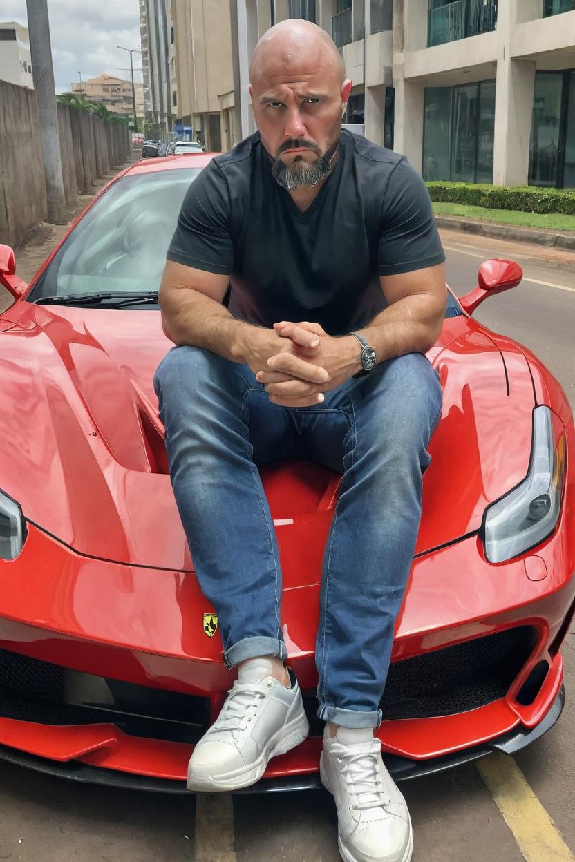 Artificial Intelligence (AI) generated image art, make an ultra realistic image of man, as tough, bald man, sitting on the end of a red Ferrari in Durban,