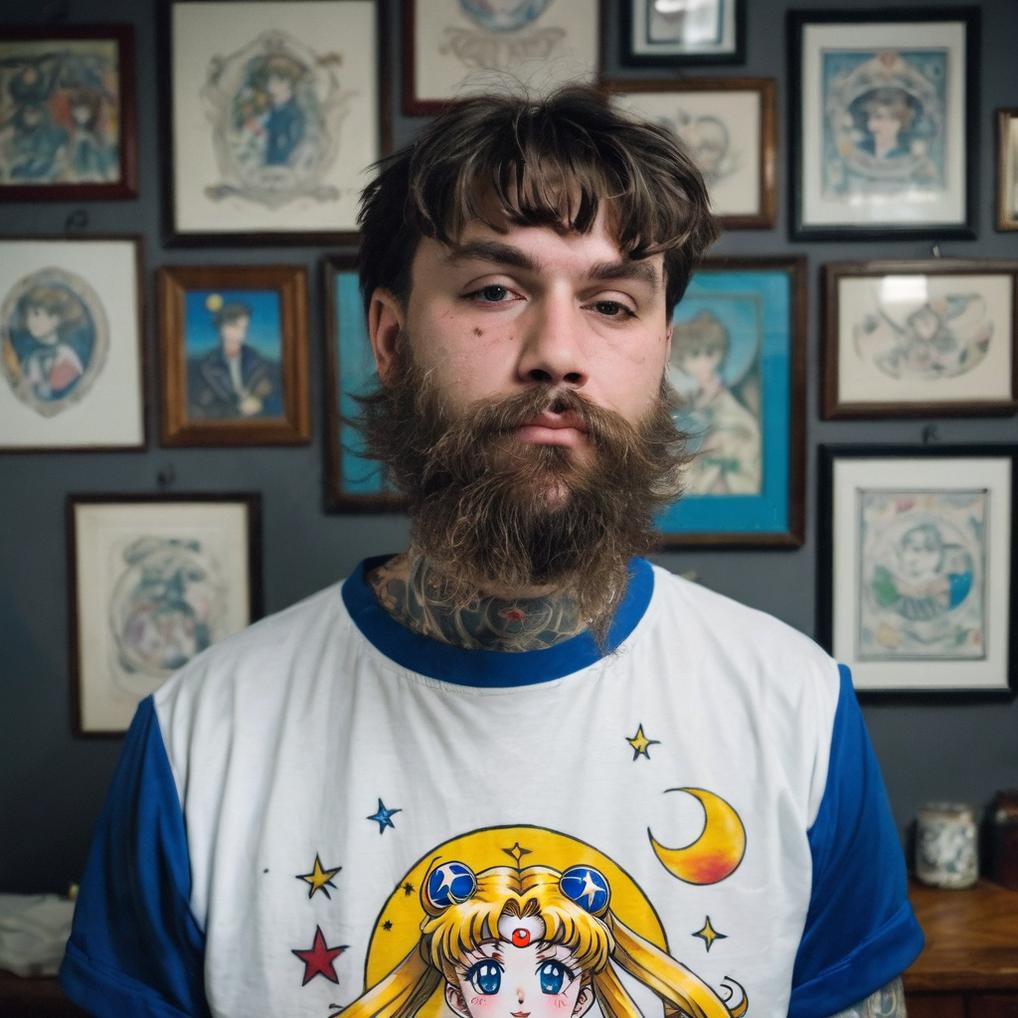 Artificial Intelligence (AI) generated image art, (portrait of man) young, tattoos, wearing a sailor moon t-shirt
