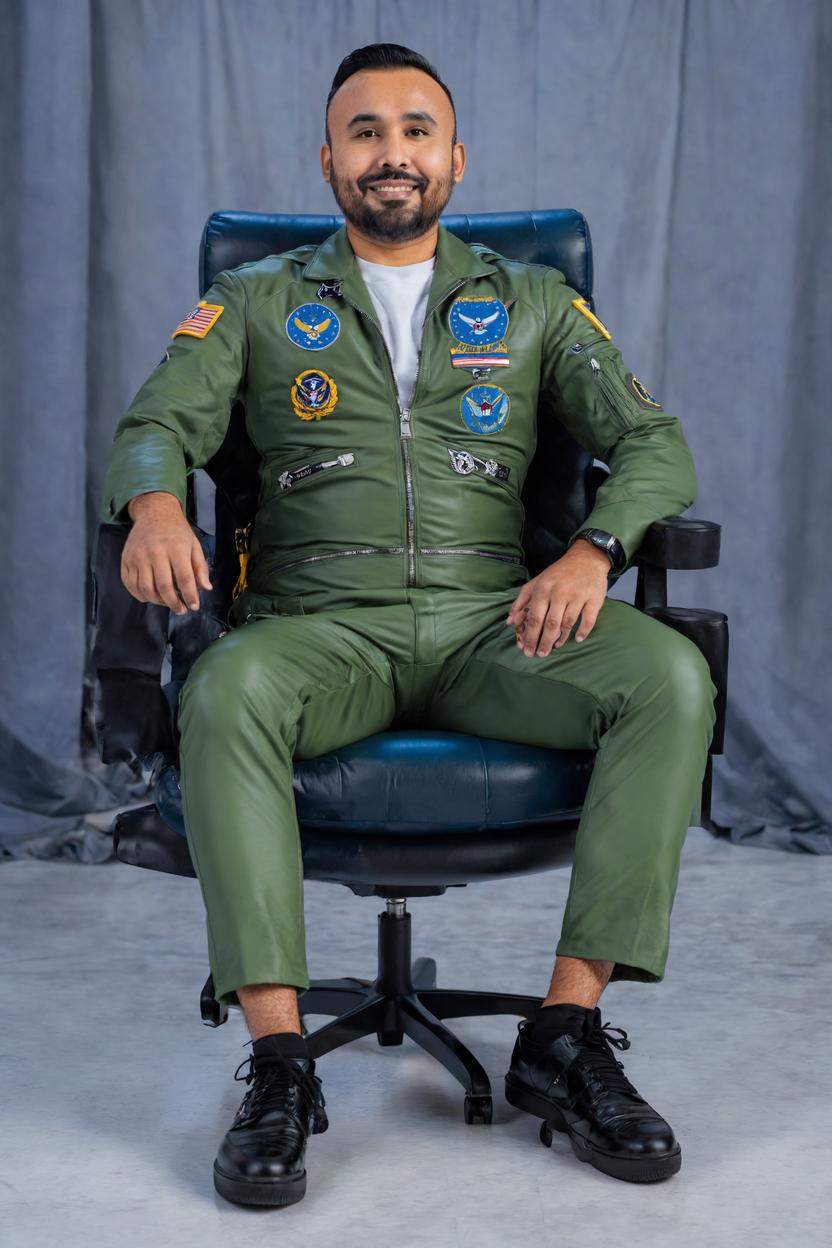 Artificial Intelligence (AI) generated image art, man, Sitting on a leather chair in an Air Force Pilot suit
